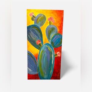 Hand Painted Vibrant Blooming Prickly Pear Cactus Acrylic Canvas Painting